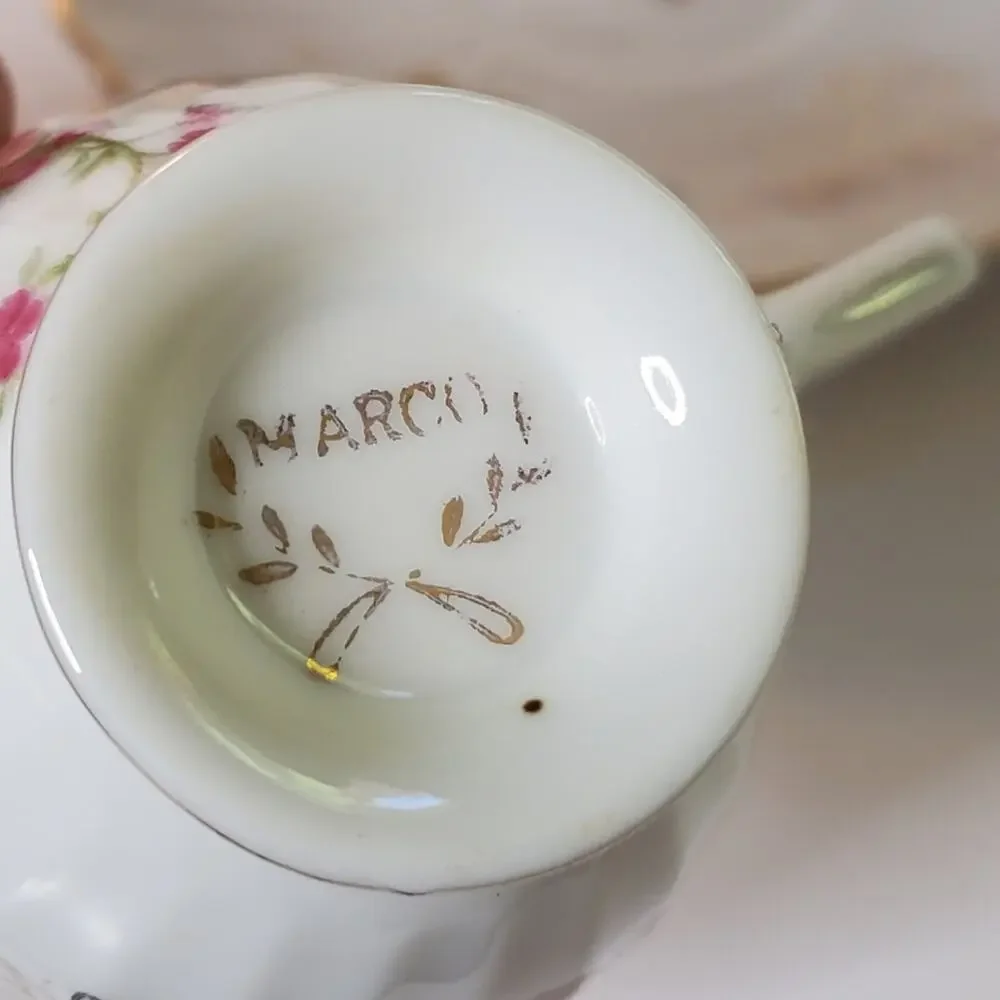 Vintage Mid Century Marco Tea Cup and Saucer Set pink rose gold trim Great condi
